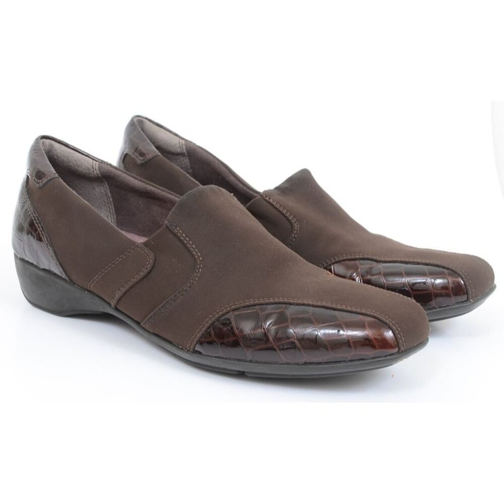 Clarks Everyday Moc Croc Brown Leather‎ Square Toe Slip-on Loafers Women's 11N